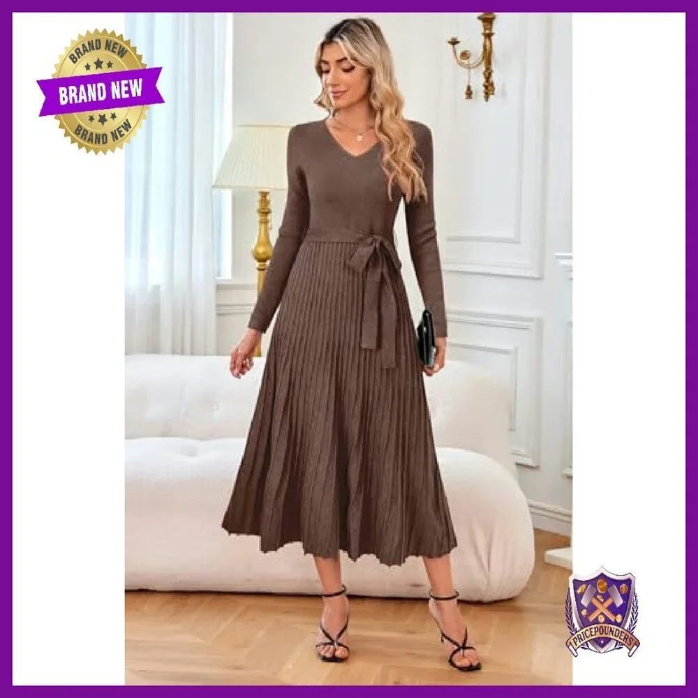 Wool Blend Tie Waist Pleated Sweater Dress Long Sleeve V Neck